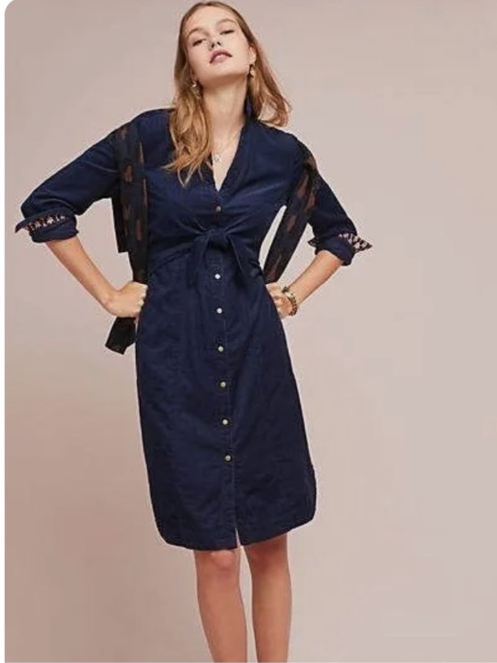 Maeve Anthropologie Corduroy Navy Button-Front Tie-Waist Midi Dress 8